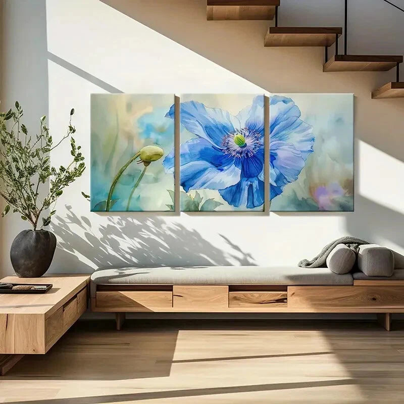 3pcs Blue Flower Art Watercolor Style Painting Metal Print Ready to Hang Art - Bella Home Decor