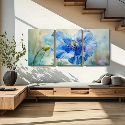 3pcs Blue Flower Art Watercolor Style Painting Metal Print Ready to Hang Art - Bella Home Decor