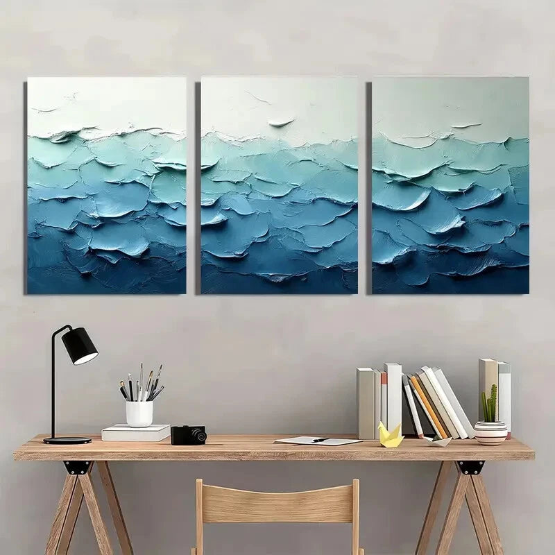 3pcsLight Green and Blue Abstract Texture Painting Metal Print Ready to Hang Art - Bella Home Decor