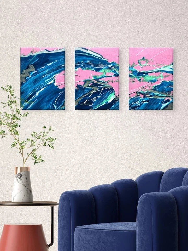 3pcs Pink, Blue and Gold Fluid Paint Art Wall Art Set Canvas Framed 50x70cm - High Quality Print 100% Australian Made Wall Canvas Ready to Hang
