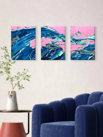 3pcs Pink, Blue and Gold Fluid Paint Art Wall Art Set Canvas Framed 50x70cm - High Quality Print 100% Australian Made Wall Canvas Ready to Hang