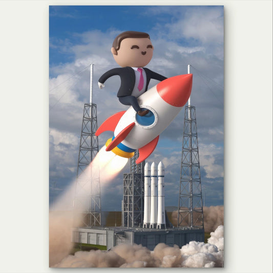 Cartoon Businessman Riding a Rocket Corporate 40x60cm Metal Print Ready to Hang