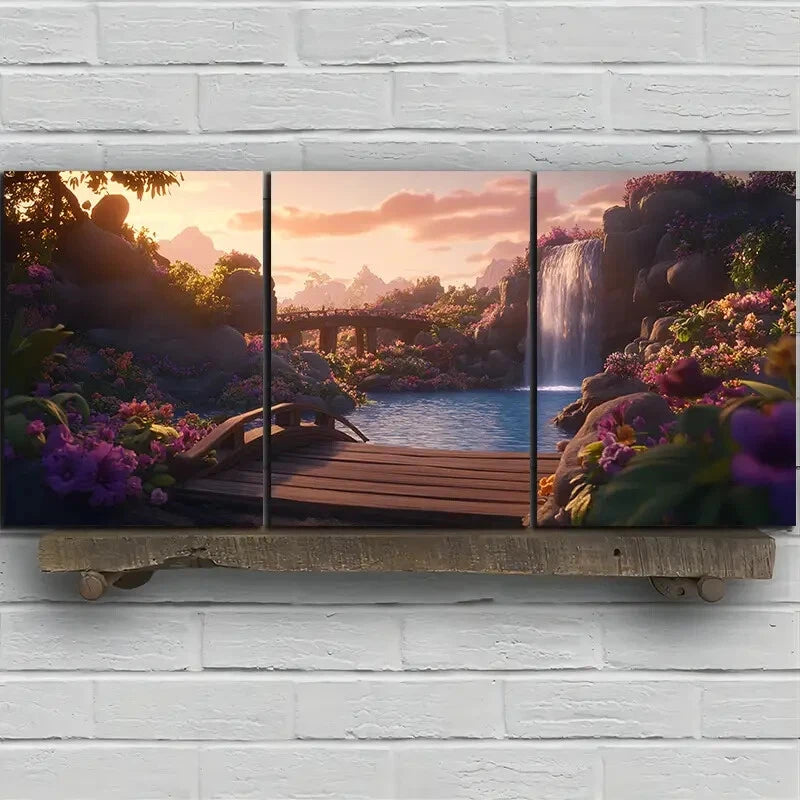 3pcs Waterfalls & Wooden Bridges Nature Scenery Metal Print Ready to Hang Art