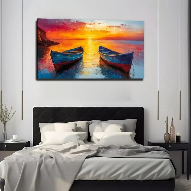 Boat At Sunset Paint Perfect Wall Art Canvas Office Home Room Framed 120x60cm