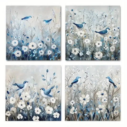 4pcsStyle Blue & White Floral BirdWall Art Canvas Framed