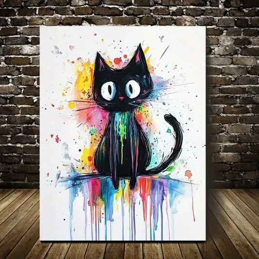 WhimsyArt Contemporary Abstract Black Cat Painting 40x60cm Metal Print Ready to Hang