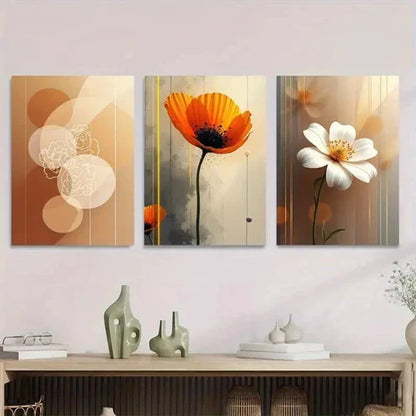 3pcs Abstract Floral Vertical Orange & White Wall Art Set Canvas Unframed - High Quality Print 100% Australian Made Wall Canvas - Bella Home Decor