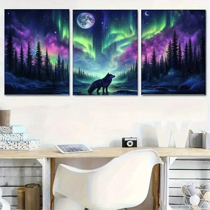 3pcs Artistic Charming Arctic Aurora and Wolf Metal Print Ready to Hang Art - Bella Home Decor