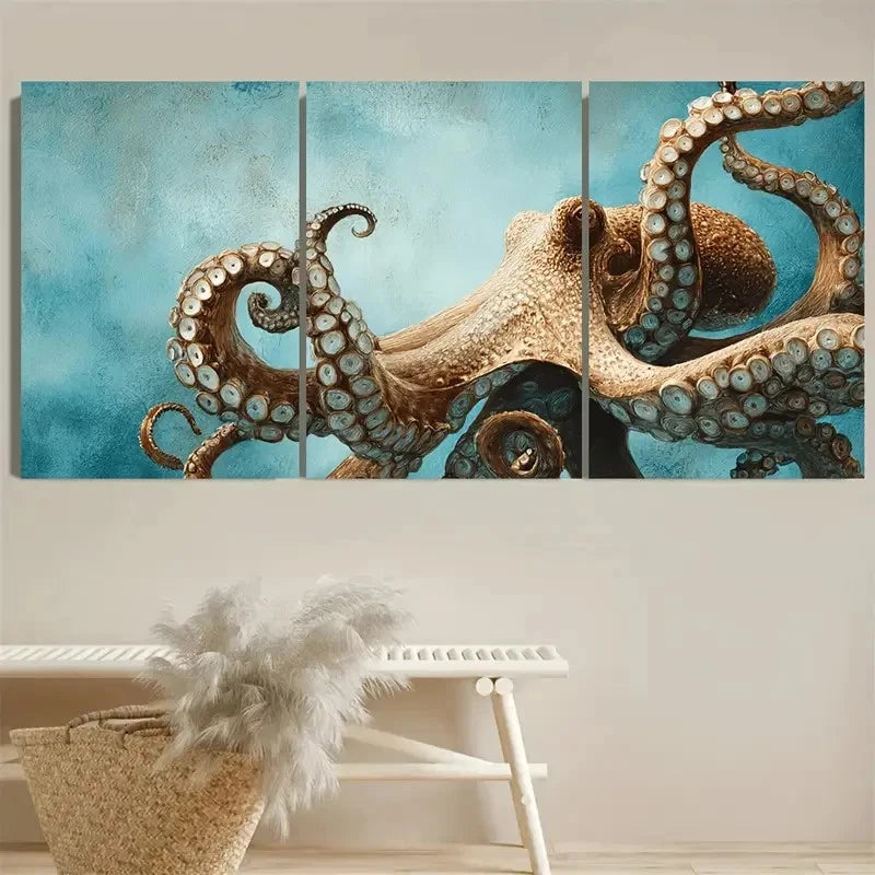 3pcs Octopus Tentacles Coastal Nautical Wall Art Set Canvas Framed 60x90cm - High Quality Print 100% Australian Made Wall Canvas Ready to Hang