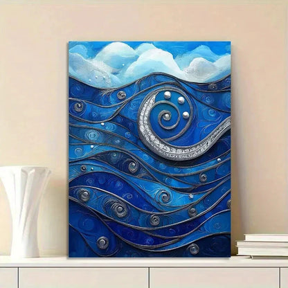 Beautiful Painting of Blue Waves with Swirls Pearls  40x60cm Metal Print Ready to Hang