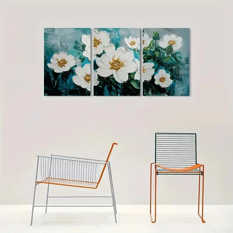 3pcs Abstract White Flowers on Teal Metal Print Ready to Hang Art - Bella Home Decor