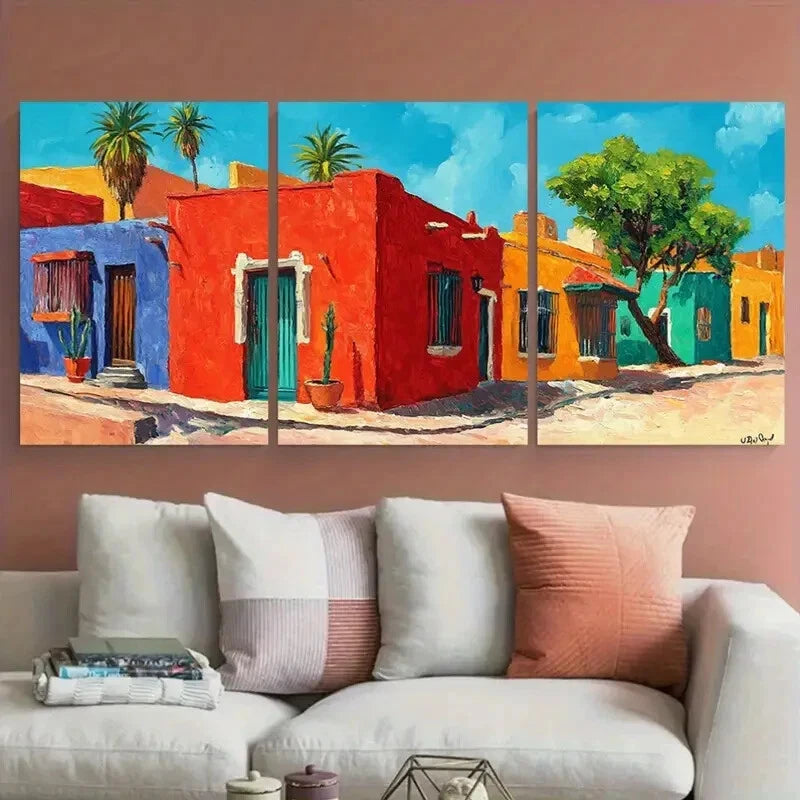 3pcs Vibrant Colorful Mexican House Cityscape Metal Print Ready to Hang Art - Bella Home Decor