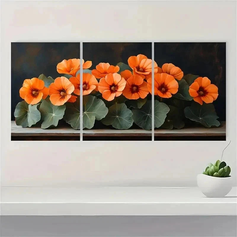3pcs Nasturtium Flowers Dark Nature Perfect Wall Art Set Canvas Framed 50x70cm - High Quality Print 100% Australian Made Wall Canvas Ready to Hang