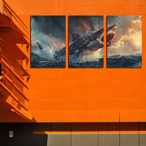 3pcs Large Shark Swimming Over  Art Canvas Unframed - High Quality Print 100% Australian Made Wall Canvas