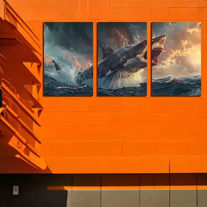 3pcs Large Shark Swimming Over  Art Canvas Unframed - High Quality Print 100% Australian Made Wall Canvas