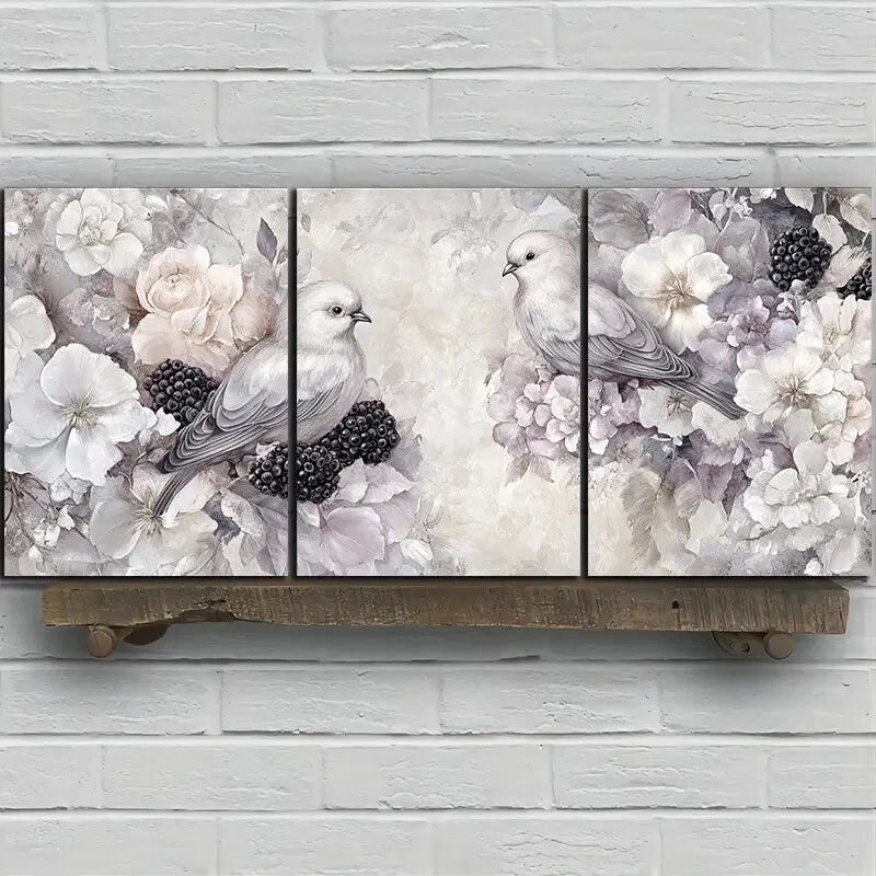 3pcs Birds on Blackberry Flowers Beautiful Metal Print Ready to Hang Art - Bella Home Decor