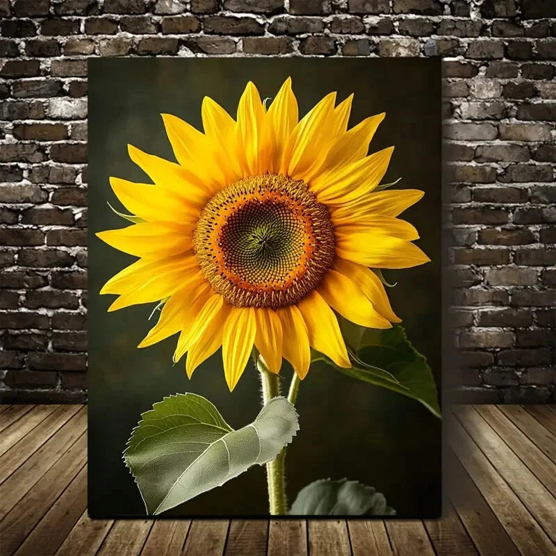 Vibrant Yellow Petals & Green Leaves, Painting 40x60cm Metal Print Ready to Hang - Bella Home Decor