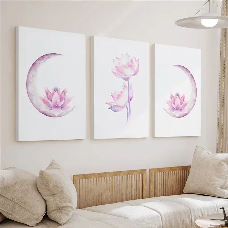 3pcs Lotus Flower Boho Moon Watercolor Painting Wall Art Set Canvas Framed 40x60cm - High Quality Print 100% Australian Made Wall Canvas Ready to Hang
