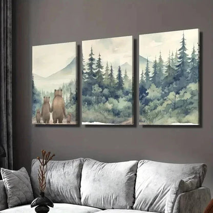 3pcs Bear Family in Forest Portrait Decor Wall Art Set Canvas Unframed - High Quality Print 100% Australian Made Wall Canvas - Bella Home Decor