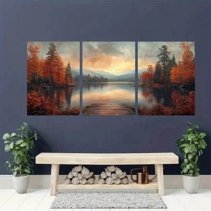 3pcs Autumn Lake Rustic Nature Scene Metal Print Ready to Hang Art - Bella Home Decor