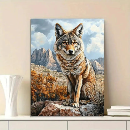 Realistic Painting of a Coyote in The Rocky Desert 40x60cm Metal Print Ready to Hang - Bella Home Decor