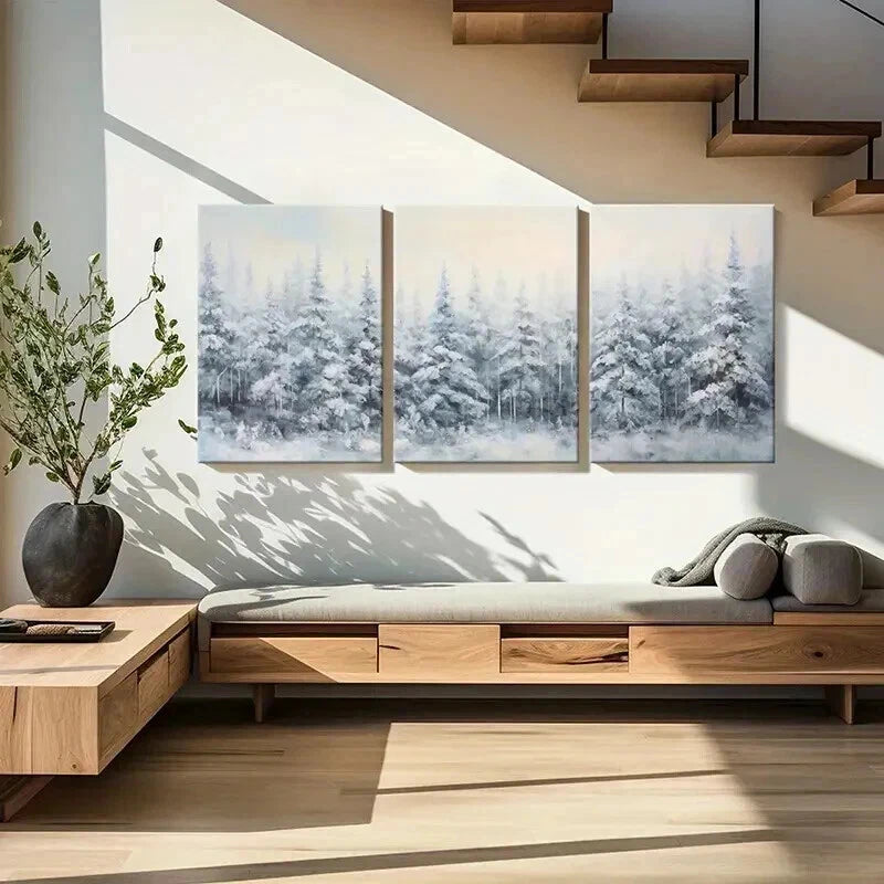 3pcs Winter Forest Snowy Trees Landscape Wall Art Set Canvas Framed 50x70cm - High Quality Print 100% Australian Made Wall Canvas Ready to Hang - Bella Home Decor