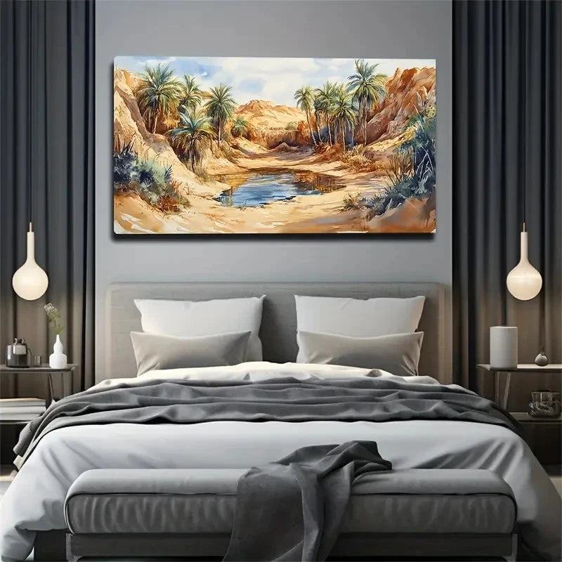 Vibrant Oasis Landscape Palm Wall Art Canvas Office Home Room Framed 120x60cm