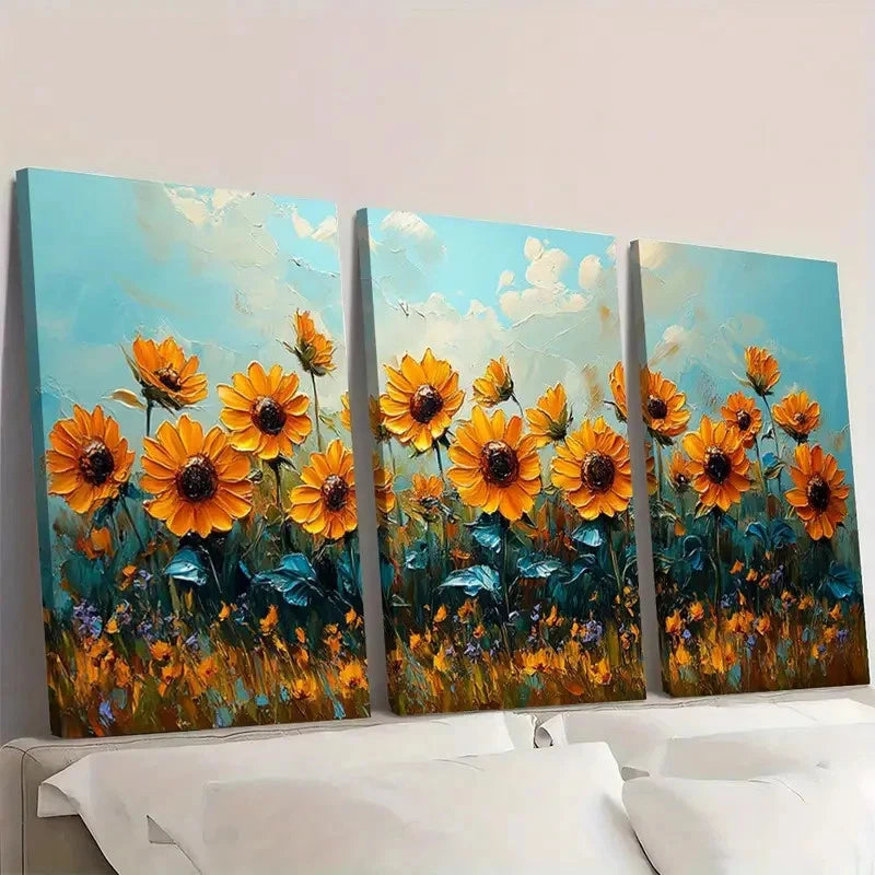 V3pcs Yellow & Orange Flowers on Blue  TY   Wall Art Set Canvas Framed 40x60cm - High Quality Print 100% Australian Made Wall Canvas Ready to Hang