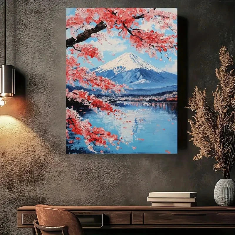 Beautiful Cherry Blossom & Mountain Serenity Painting 40x60cm Metal Print Ready to Hang