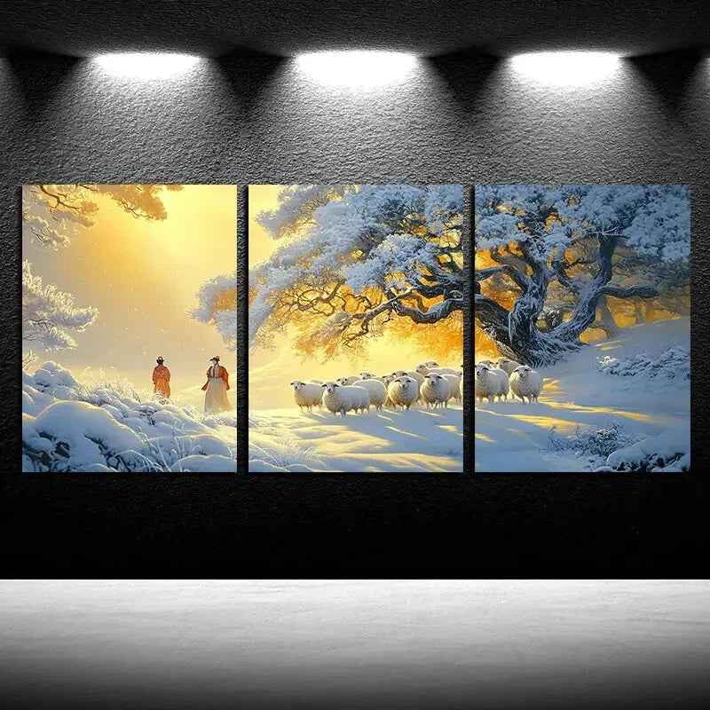 3pcs The Flock of Sheep in the Snow Scene Metal Print Ready to Hang Art - Bella Home Decor