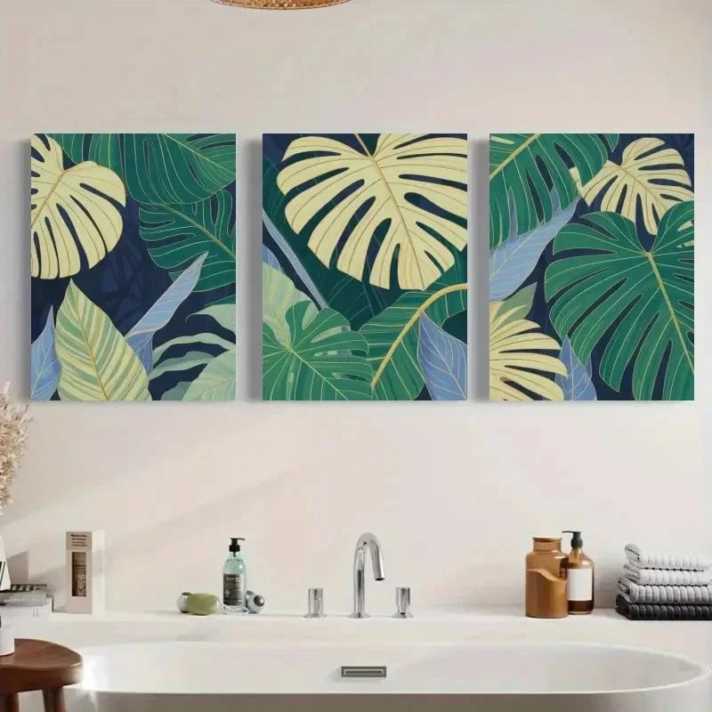 3pcs Botanical Green & Blue Leaf Patterns Metal Print Ready to Hang Art - Bella Home Decor