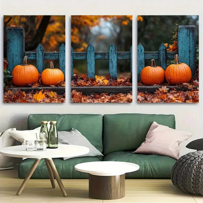3pcs Rustic Fence & Pumpkin Autumn Leaves Metal Print Ready to Hang Art