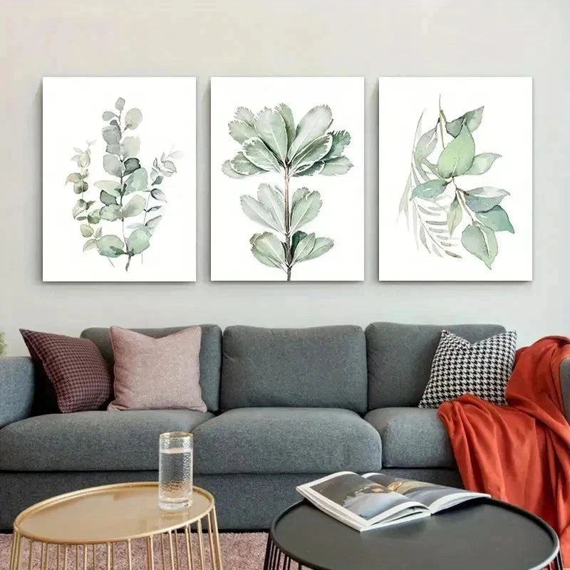 3pcs Vibrant Green Eucalyptus Leaves Botanical Wall Art Set Canvas Framed 60x90cm - High Quality Print 100% Australian Made Wall Canvas Ready to Hang
