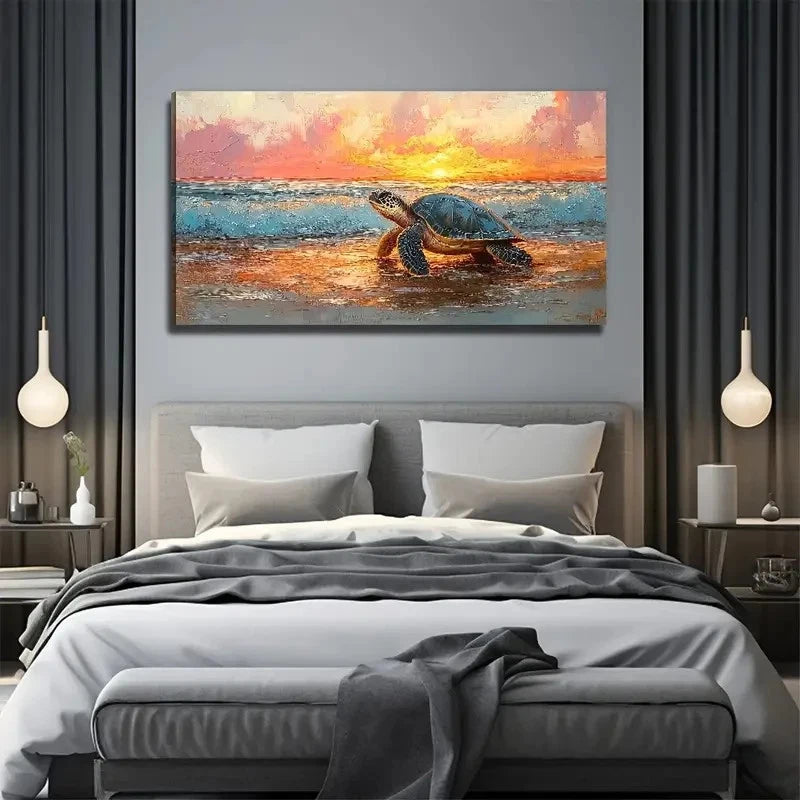 Sunset Beach Turtle Scene Wall Art Canvas Office Home Room Framed 120x60cm
