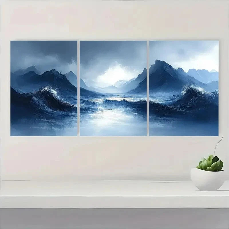 3pcs Mountain and Ocean Abstract Landscape Metal Print Ready to Hang Art - Bella Home Decor