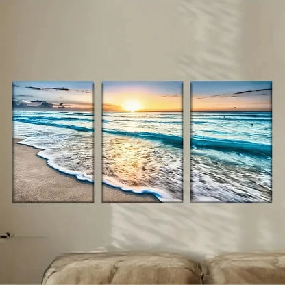3pcs a beach scene with waves and a sunset Wall Art Set Canvas Framed 60x90cm - High Quality Print 100% Australian Made Wall Canvas Ready to Hang - Bella Home Decor