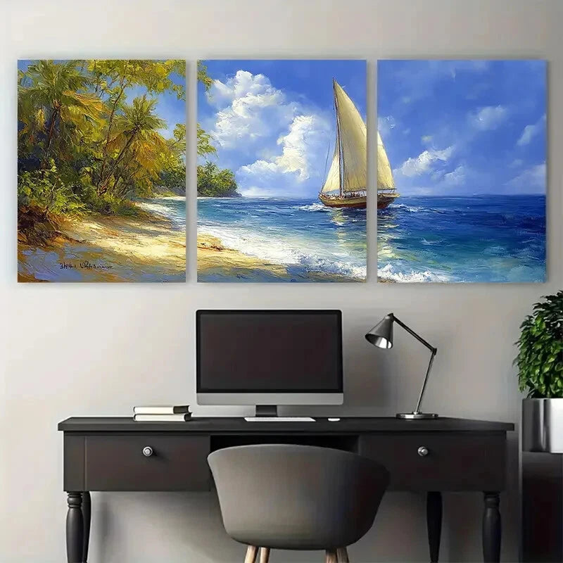 3pcs Boat Sailboat Ship Sailing on an Ocean Design Metal Print Ready to Hang Art