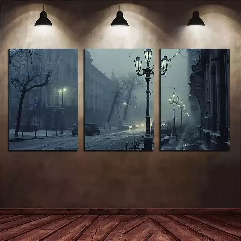 3pcs City in Fog At Night Wall Art Set Canvas Framed 50x70cm - High Quality Print 100% Australian Made Wall Canvas Ready to Hang