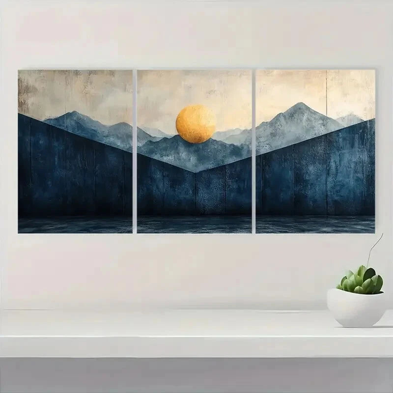 3pcs Abstract Mountain and Sun Blue Pastel Design Metal Print Ready to Hang Art - Bella Home Decor
