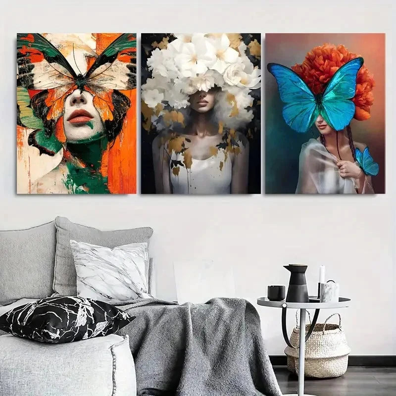 3pcs Abstract Vibrant Butterfly Lady Metal Print Ready to Hang Art - Bella Home Decor