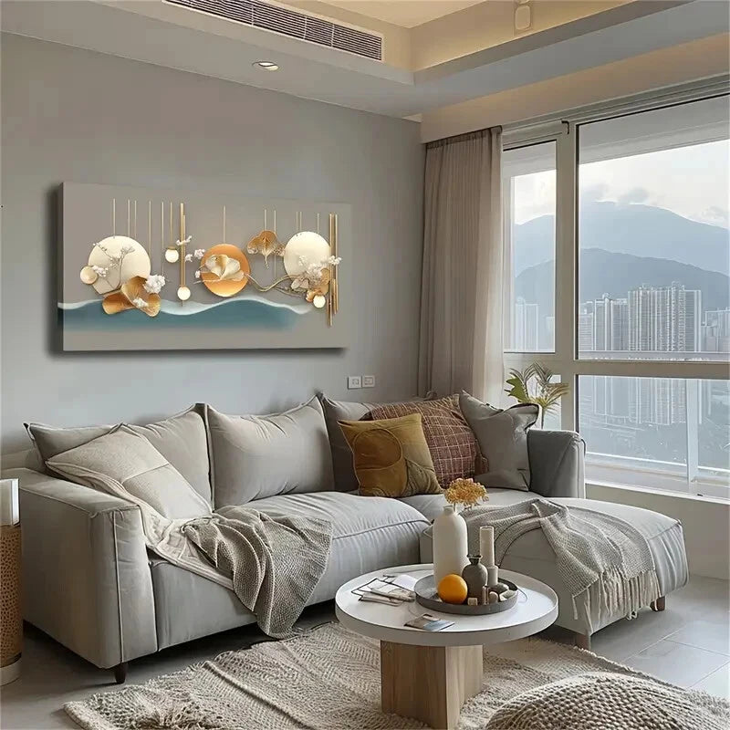 A Round Element Golden Ginkgo Wall Art Canvas Office Home Room Framed 120x60cm - Bella Home Decor