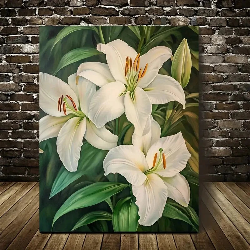 Elegant White Lilies with Green Leaves Painting 40x60cm Metal Print Ready to Hang