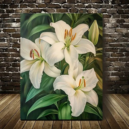 Elegant White Lilies with Green Leaves Painting 40x60cm Metal Print Ready to Hang