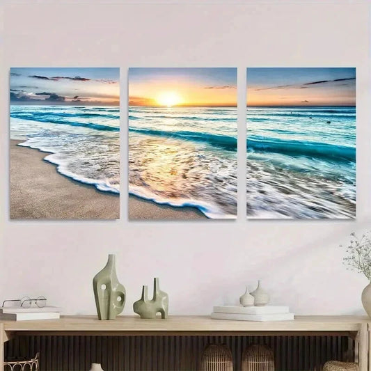 3pcs Beach Sunset Vibrant Sunset & Waves Wall Art Set Canvas Framed 50x70cm - High Quality Print 100% Australian Made Wall Canvas Ready to Hang