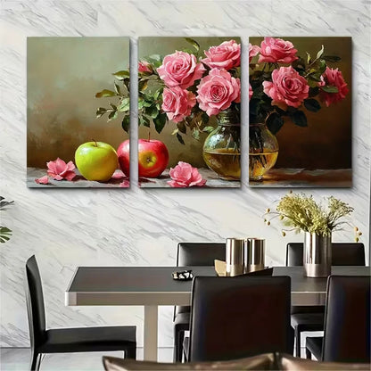 3pcs Still Life with Flowers and Apple Metal Print Ready to Hang Art