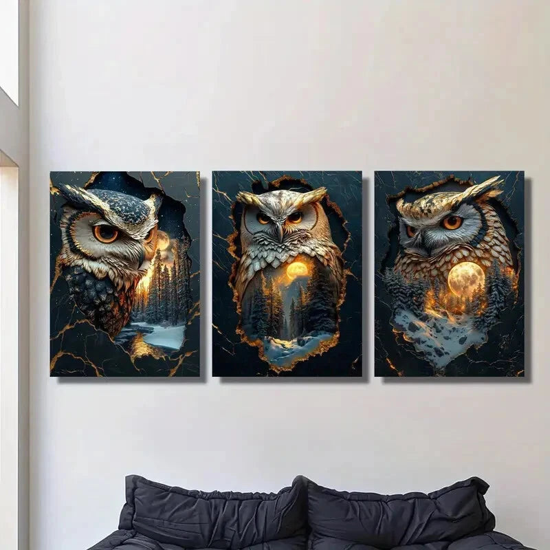 3pcs Mystical Owl Guardian Fantasy Forest Metal Print Ready to Hang Art