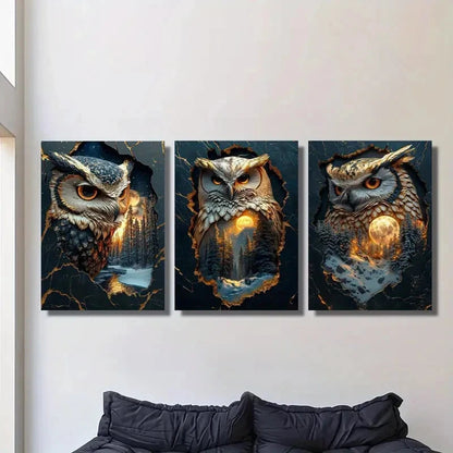 3pcs Mystical Owl Guardian Fantasy Forest Metal Print Ready to Hang Art