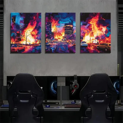 3pcs Cyberpunk Cityscape Neon Apocalypse Perfect Wall Art Set Canvas Framed 40x60cm - High Quality Print 100% Australian Made Wall Canvas Ready to Hang - Bella Home Decor