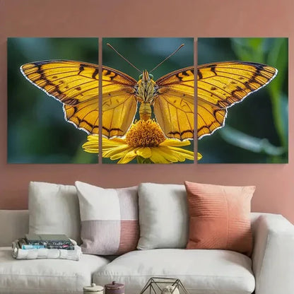 3pcs Vibrant Yellow Butterfly on Flower Nature Wall Art Canvas Unframed - High Quality Print 100% Australian Made Wall Canvas