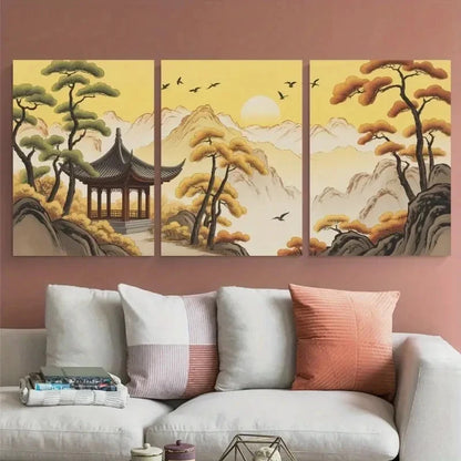 3pcs Pagoda & Pine Tree Scenery with Birds   Wall Art Set Canvas Framed 50x70cm - High Quality Print 100% Australian Made Wall Canvas Ready to Hang
